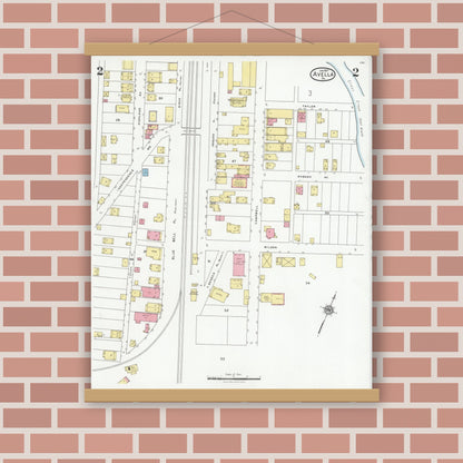 Old map wall art mockup — magnetic wood frame on brick wall — Sanborn Fire Insurance Map from Avella, Washington County, Pennsylvania (1927), Sheet #0002