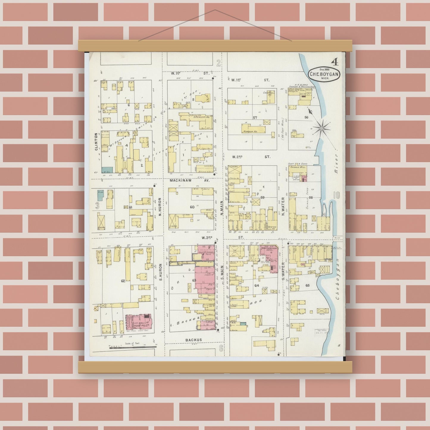 Old map wall art mockup — magnetic wood frame on brick wall — Sanborn Fire Insurance Map from Cheboygan, Cheboygan County, Michigan (1895), Sheet #0004