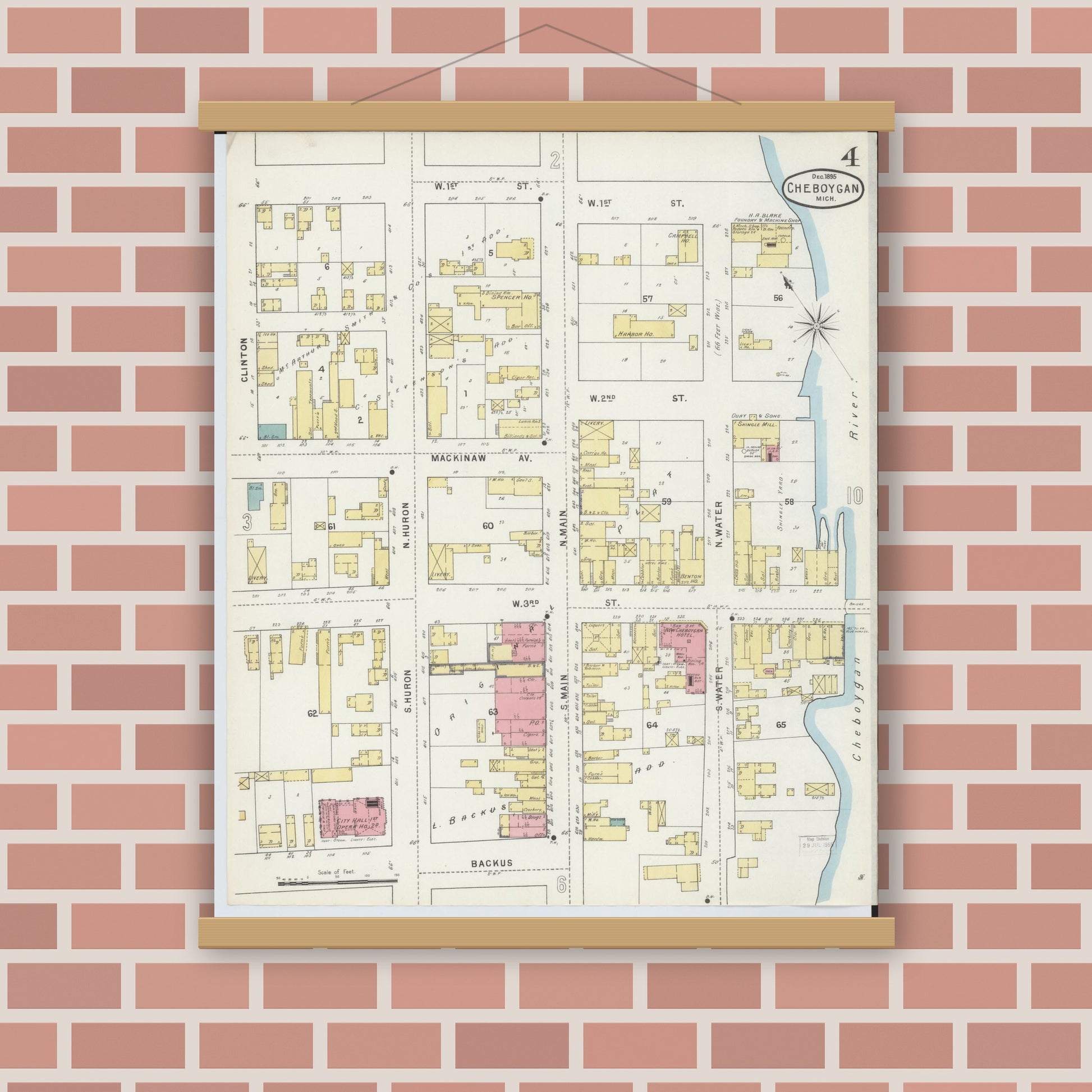 Old map wall art mockup — magnetic wood frame on brick wall — Sanborn Fire Insurance Map from Cheboygan, Cheboygan County, Michigan (1895), Sheet #0004