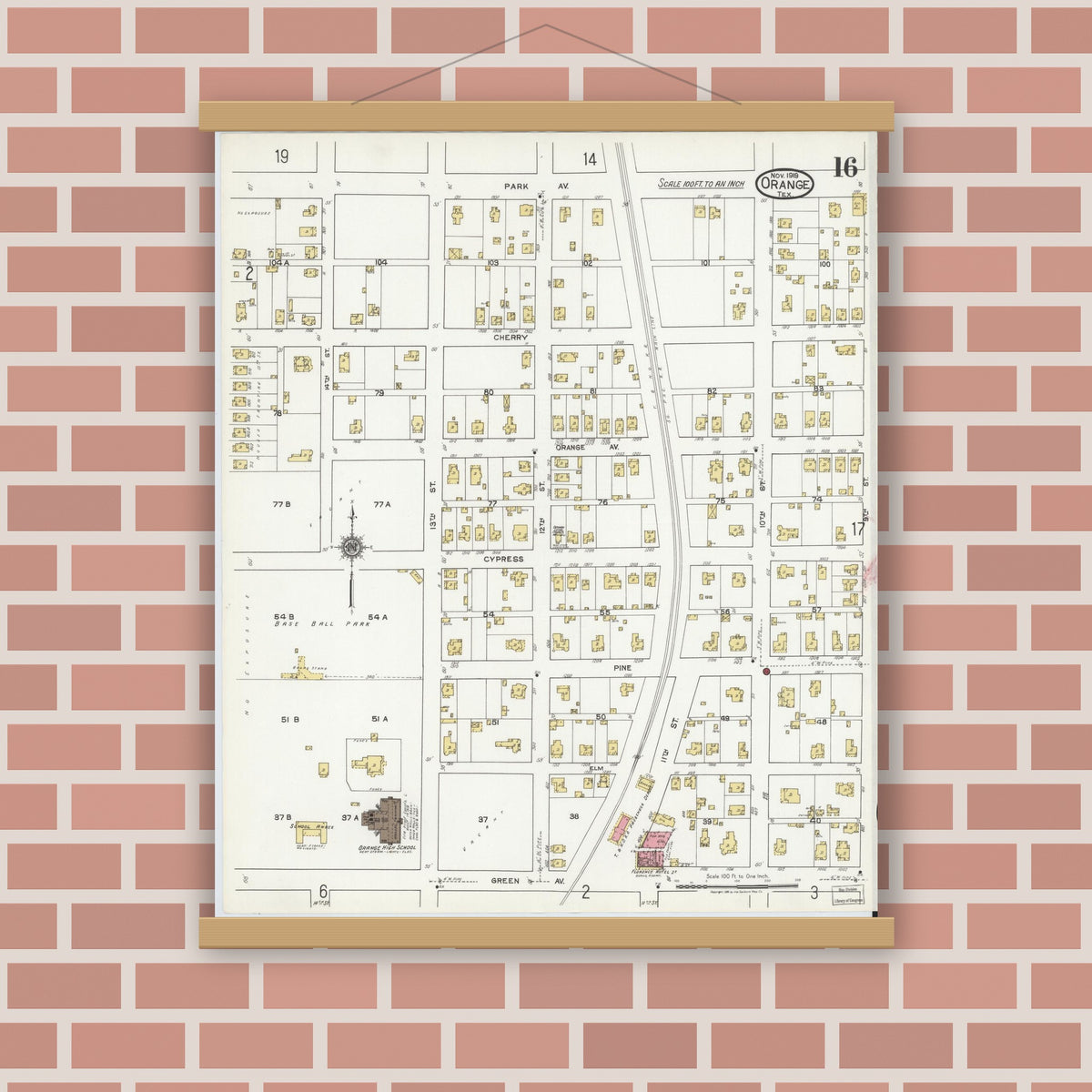 Old map wall art mockup — magnetic wood frame on brick wall — Sanborn Fire Insurance Map from Orange, Orange County, Texas (1919), Sheet #0016