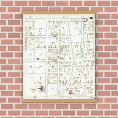 Old map wall art mockup — magnetic wood frame on brick wall — Sanborn Fire Insurance Map from Orange, Orange County, Texas (1919), Sheet #0016