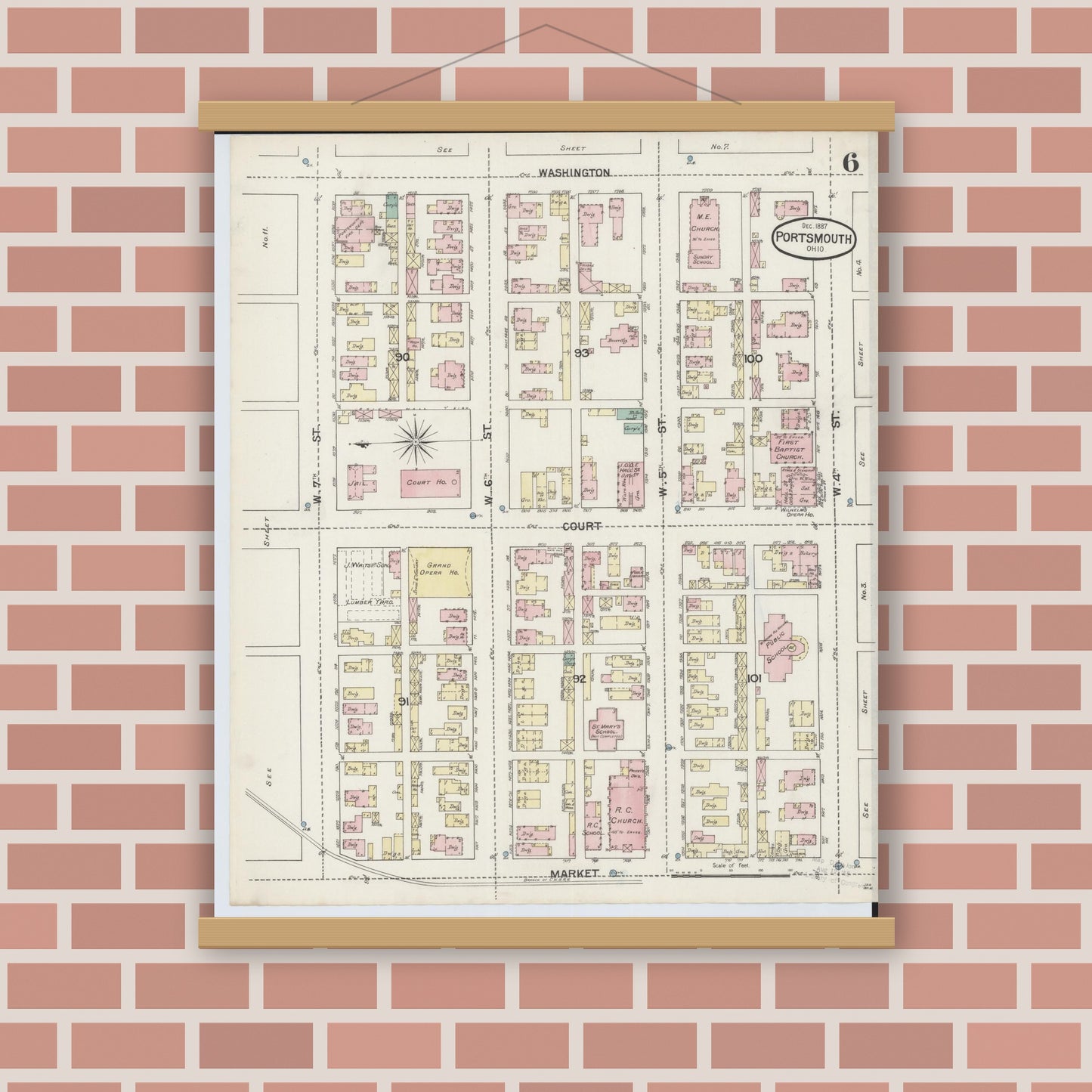 Old map wall art mockup — magnetic wood frame on brick wall — Sanborn Fire Insurance Map from Portsmouth, Scioto County, Ohio (1887), Sheet #0006