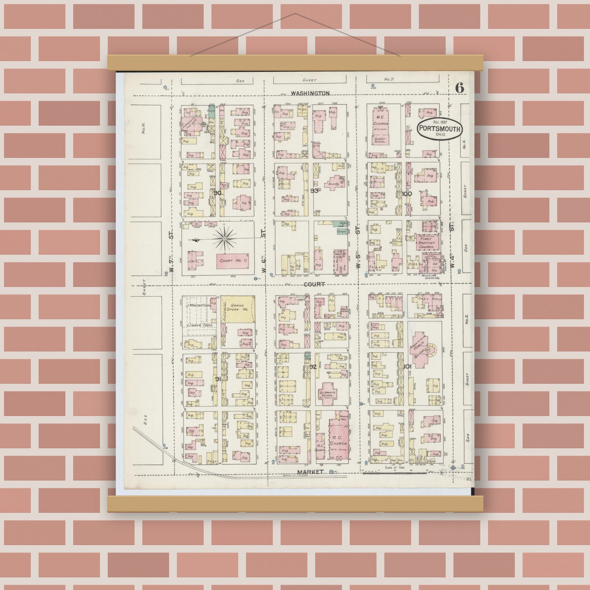 Old map wall art mockup — magnetic wood frame on brick wall — Sanborn Fire Insurance Map from Portsmouth, Scioto County, Ohio (1887), Sheet #0006