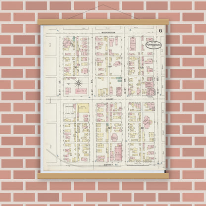 Old map wall art mockup — magnetic wood frame on brick wall — Sanborn Fire Insurance Map from Portsmouth, Scioto County, Ohio (1887), Sheet #0006