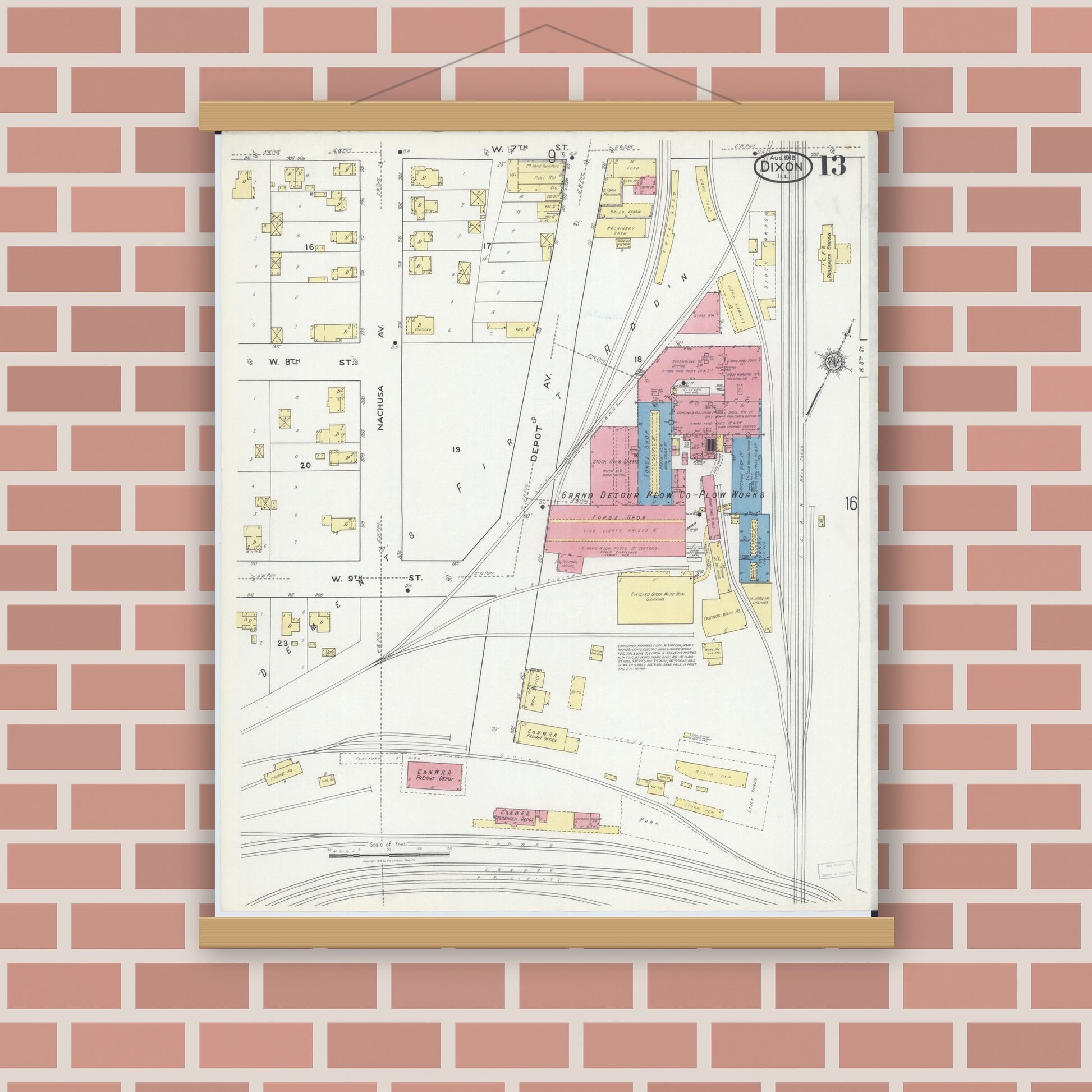 Old map wall art mockup — magnetic wood frame on brick wall — Sanborn Fire Insurance Map from Dixon, Lee County, Illinois (1918), Sheet #0013