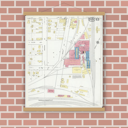 Old map wall art mockup — magnetic wood frame on brick wall — Sanborn Fire Insurance Map from Dixon, Lee County, Illinois (1918), Sheet #0013