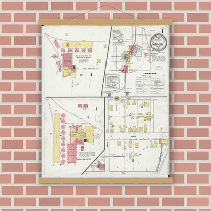 Old map wall art mockup — magnetic wood frame on brick wall — Sanborn Fire Insurance Map from Oak Hill, Jackson County, Ohio (1921), Sheet #0001