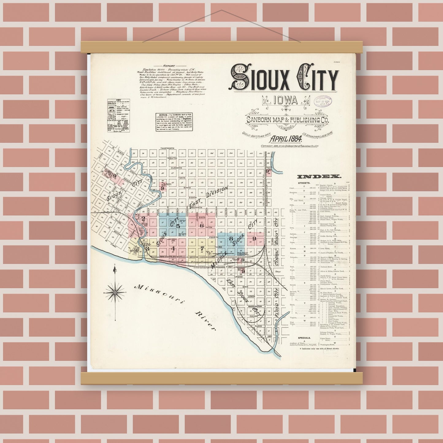 Old map wall art mockup — magnetic wood frame on brick wall — Sanborn Fire Insurance Map from Sioux City, Woodbury County, Iowa (1884), Sheet #0001