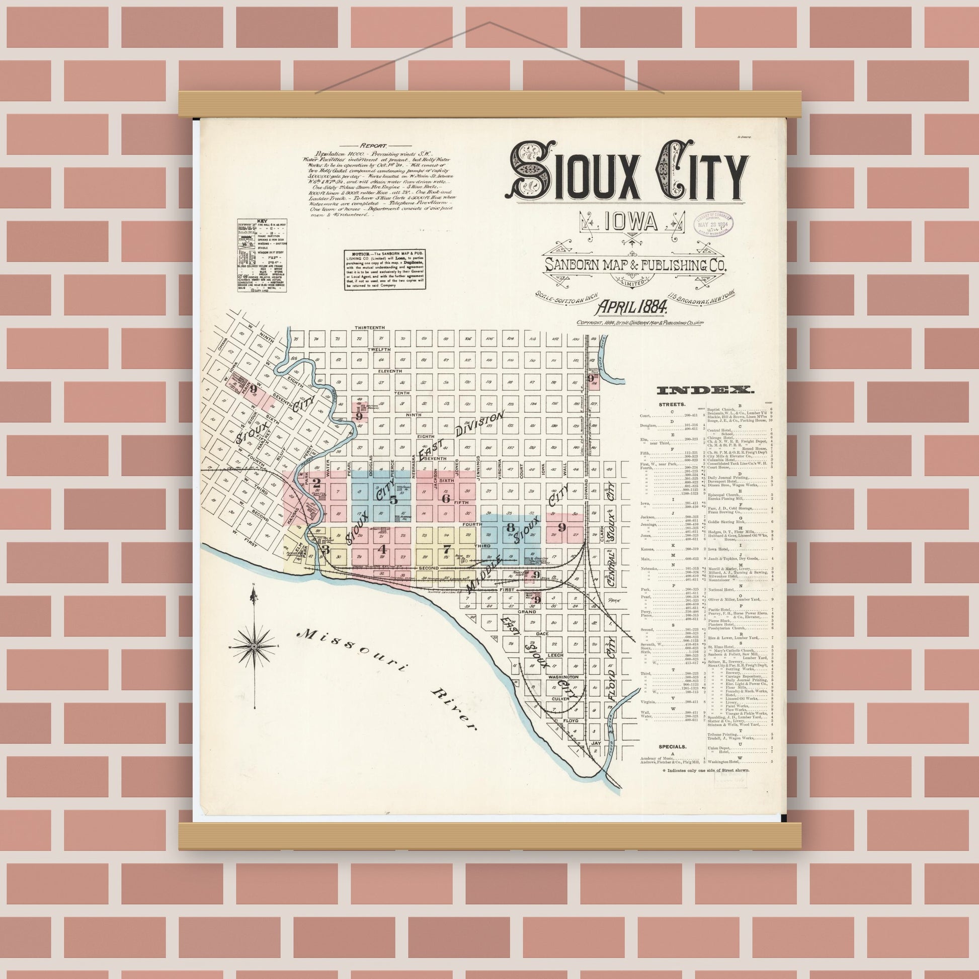 Old map wall art mockup — magnetic wood frame on brick wall — Sanborn Fire Insurance Map from Sioux City, Woodbury County, Iowa (1884), Sheet #0001