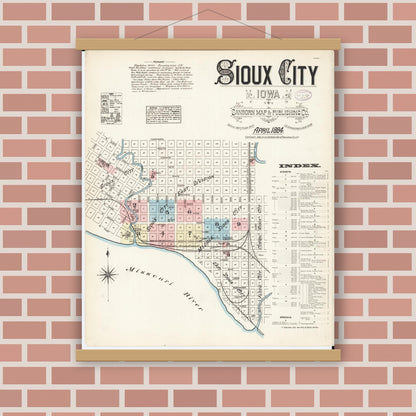 Old map wall art mockup — magnetic wood frame on brick wall — Sanborn Fire Insurance Map from Sioux City, Woodbury County, Iowa (1884), Sheet #0001