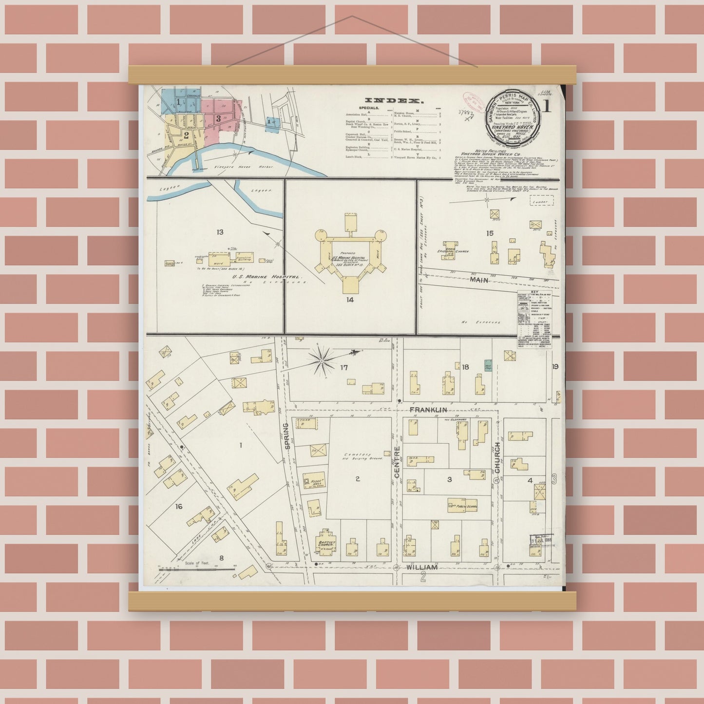 Old map wall art mockup — magnetic wood frame on brick wall — Sanborn Fire Insurance Map from Vineyard Haven, Dukes County, Massachusetts (1892) - Complete Map Set