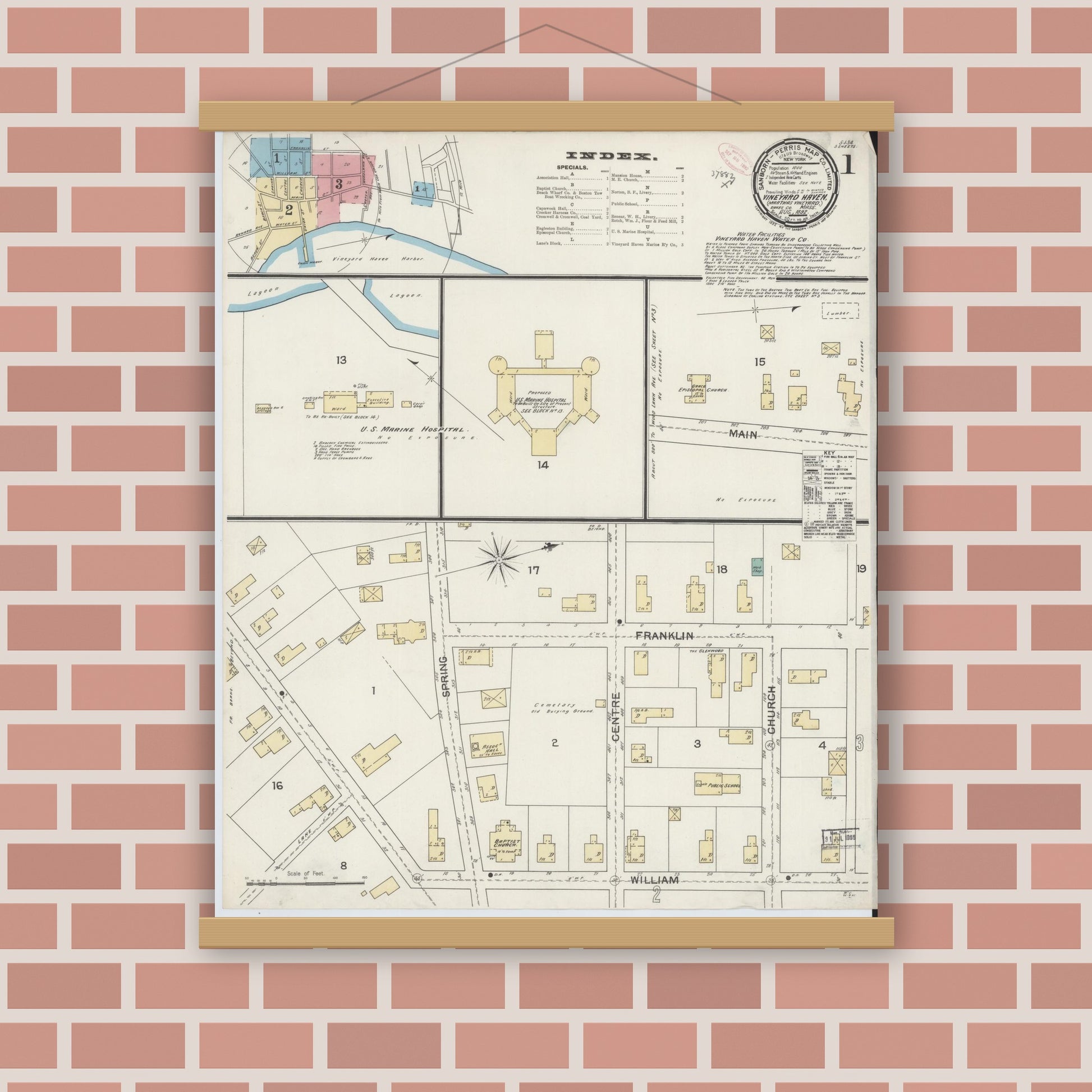 Old map wall art mockup — magnetic wood frame on brick wall — Sanborn Fire Insurance Map from Vineyard Haven, Dukes County, Massachusetts (1892) - Complete Map Set