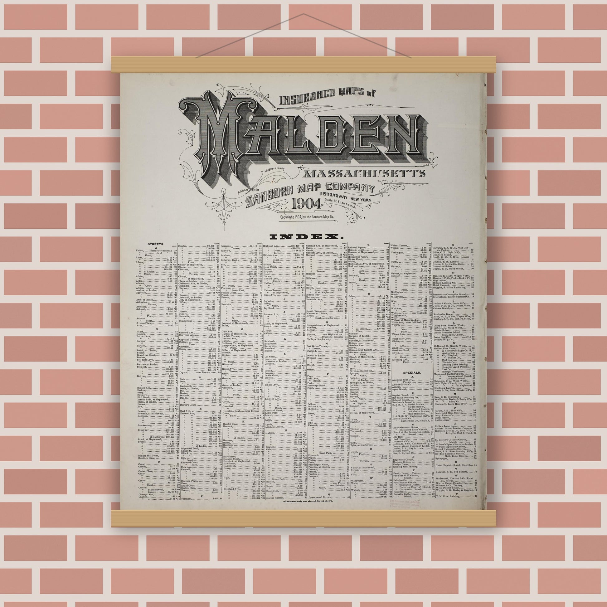 Old map wall art mockup — magnetic wood frame on brick wall — Sanborn Fire Insurance Map from Malden, Middlesex County, Massachusetts (1904), Sheet #0001