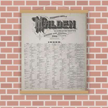 Old map wall art mockup — magnetic wood frame on brick wall — Sanborn Fire Insurance Map from Malden, Middlesex County, Massachusetts (1904), Sheet #0001