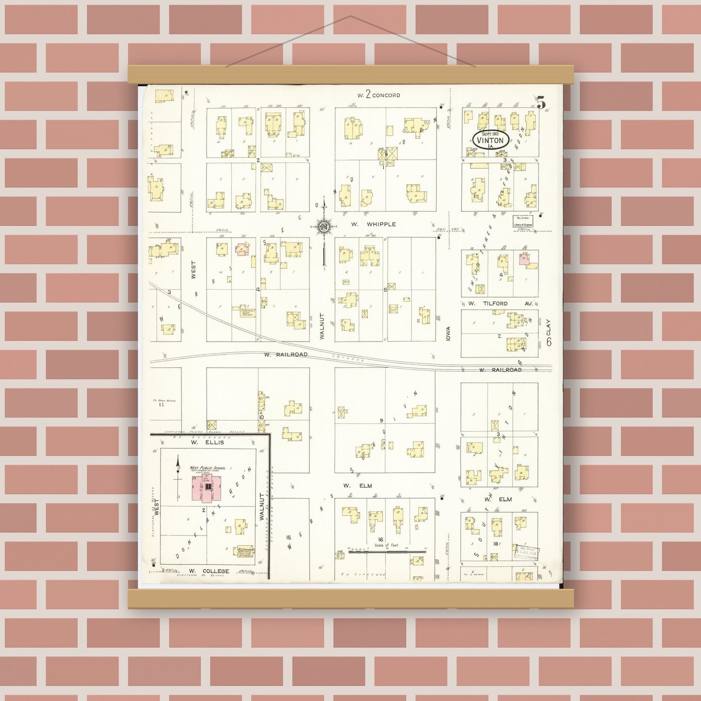 Old map wall art mockup — magnetic wood frame on brick wall — Sanborn Fire Insurance Map from Vinton, Benton County, Iowa (1913), Sheet #0005