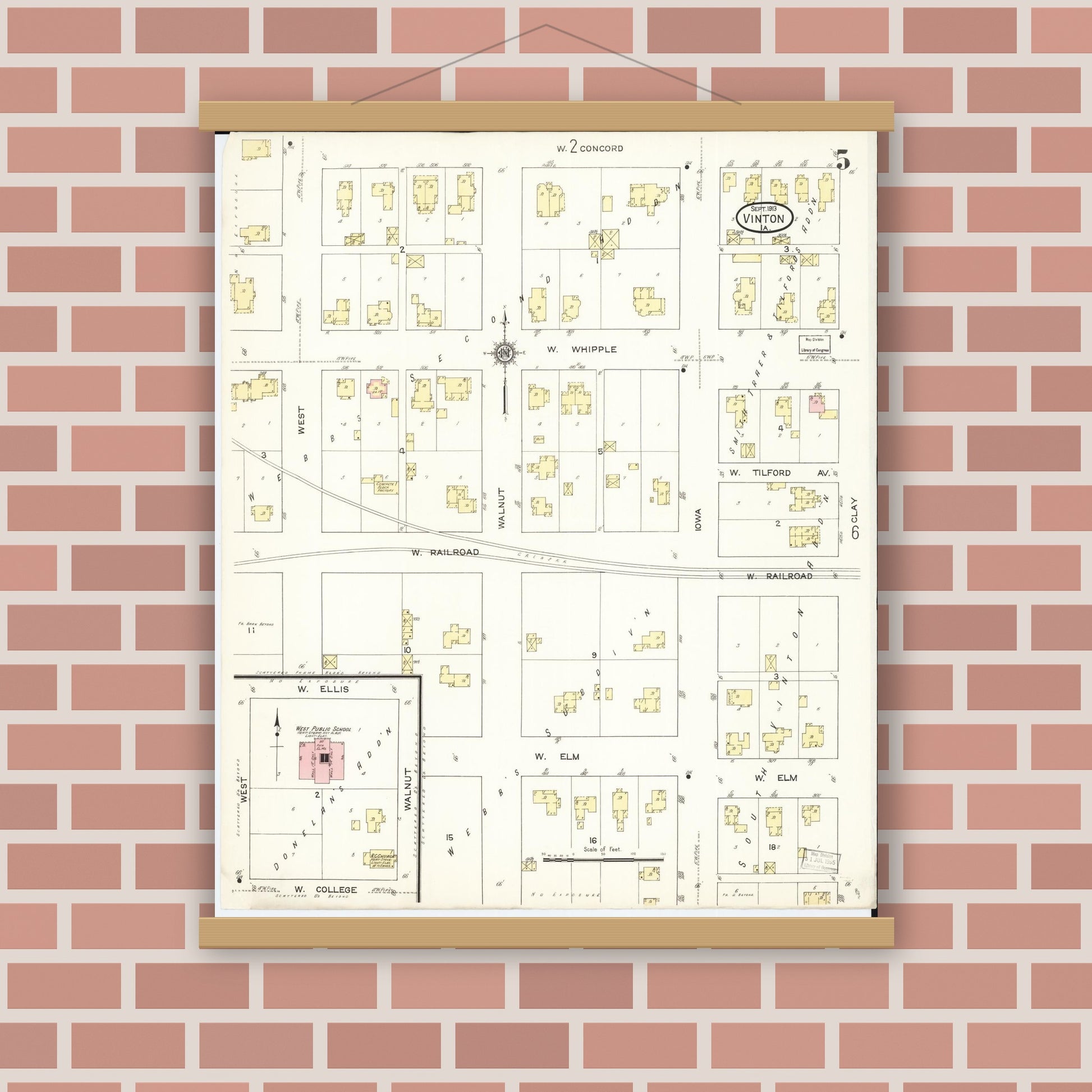 Old map wall art mockup — magnetic wood frame on brick wall — Sanborn Fire Insurance Map from Vinton, Benton County, Iowa (1913), Sheet #0005