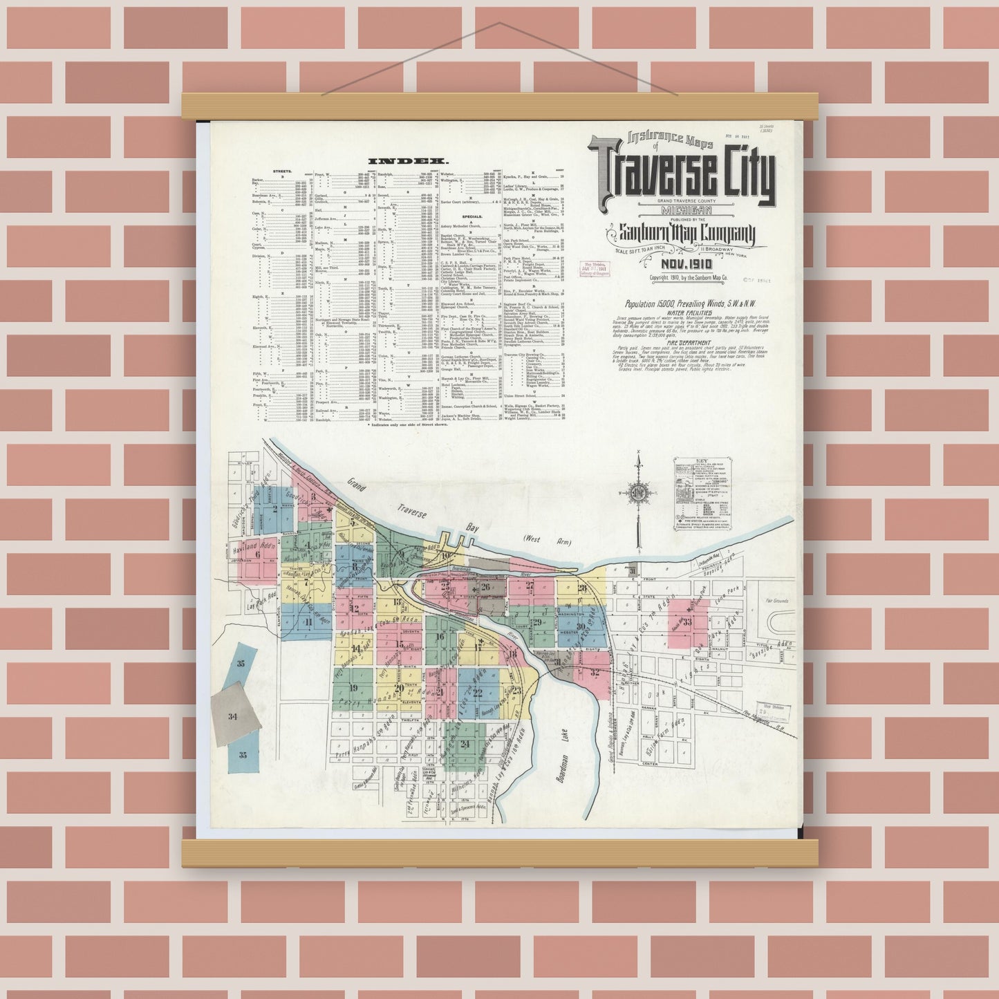Old map wall art mockup — magnetic wood frame on brick wall — Sanborn Fire Insurance Map from Traverse City, Grand Traverse County, Michigan (1910), Sheet #0001