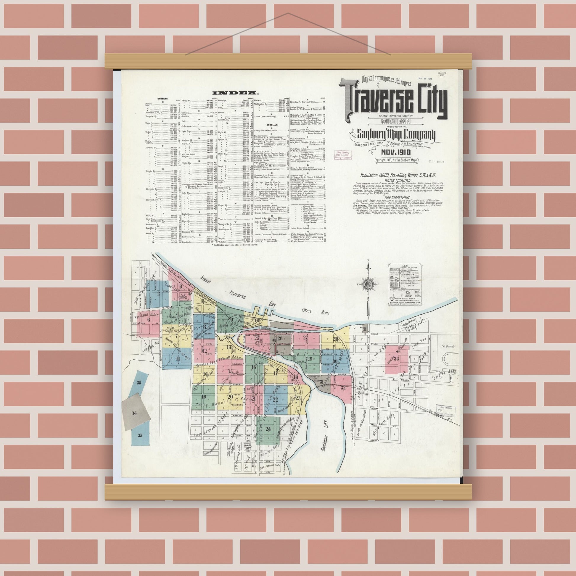 Old map wall art mockup — magnetic wood frame on brick wall — Sanborn Fire Insurance Map from Traverse City, Grand Traverse County, Michigan (1910), Sheet #0001