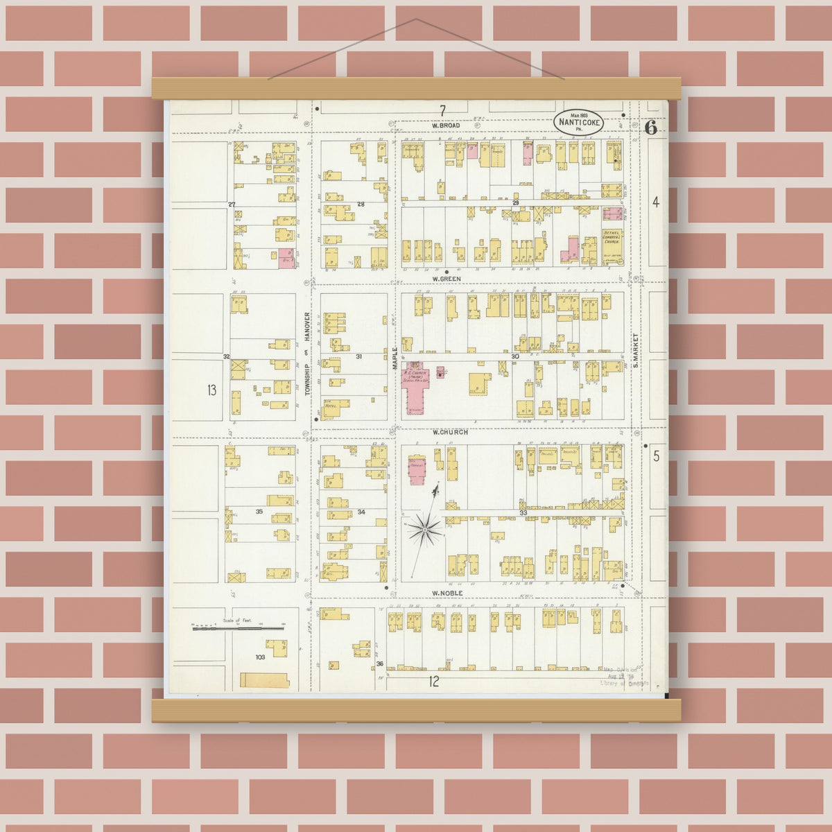 Old map wall art mockup — magnetic wood frame on brick wall — Sanborn Fire Insurance Map from Nanticoke, Luzerne County, Pennsylvania (1903), Sheet #0006