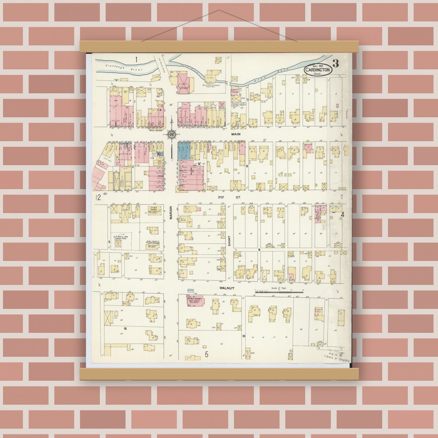 Old map wall art mockup — magnetic wood frame on brick wall — Sanborn Fire Insurance Map from Cardington, Morrow County, Ohio (1912), Sheet #0003