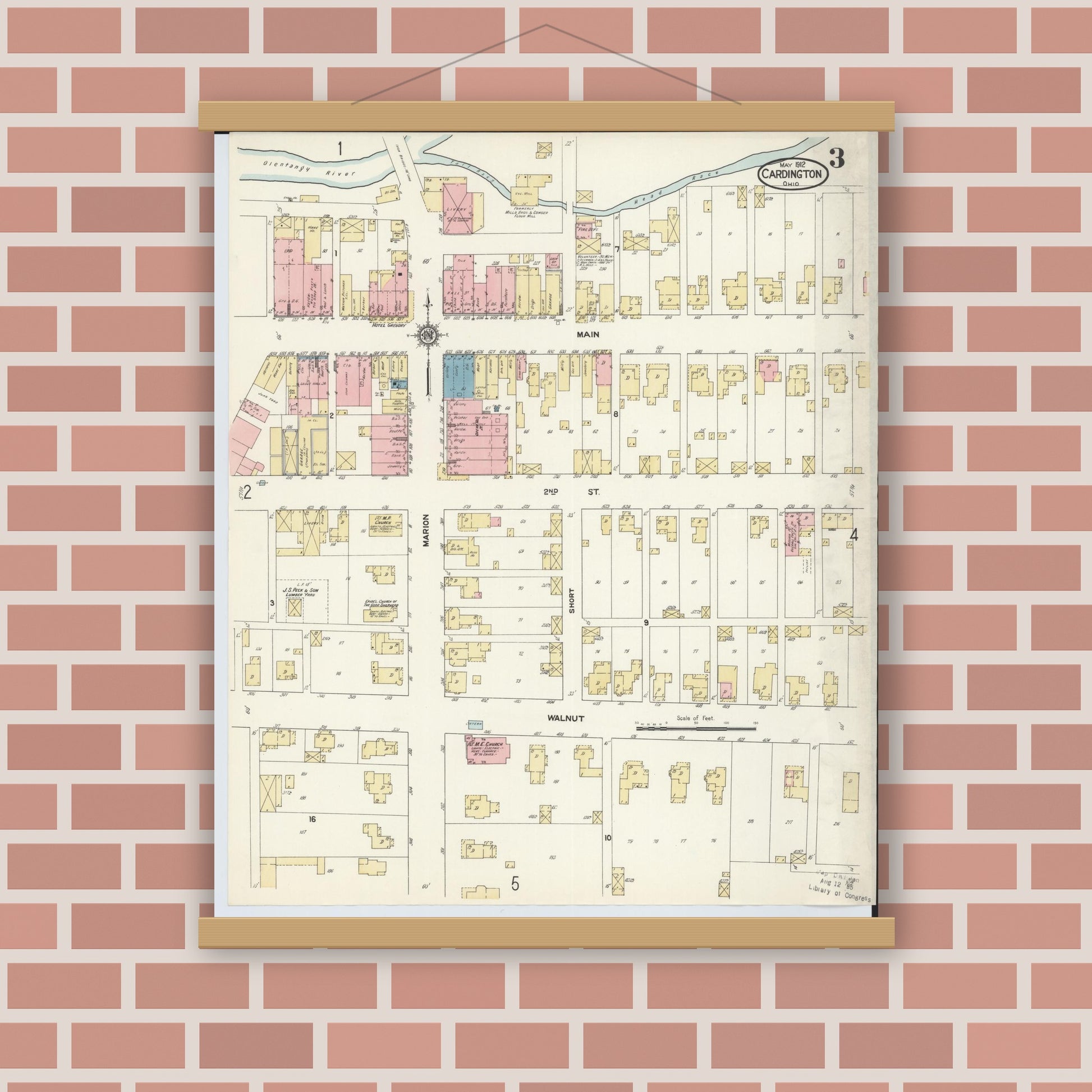 Old map wall art mockup — magnetic wood frame on brick wall — Sanborn Fire Insurance Map from Cardington, Morrow County, Ohio (1912), Sheet #0003