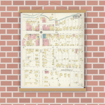 Old map wall art mockup — magnetic wood frame on brick wall — Sanborn Fire Insurance Map from Cardington, Morrow County, Ohio (1912), Sheet #0003