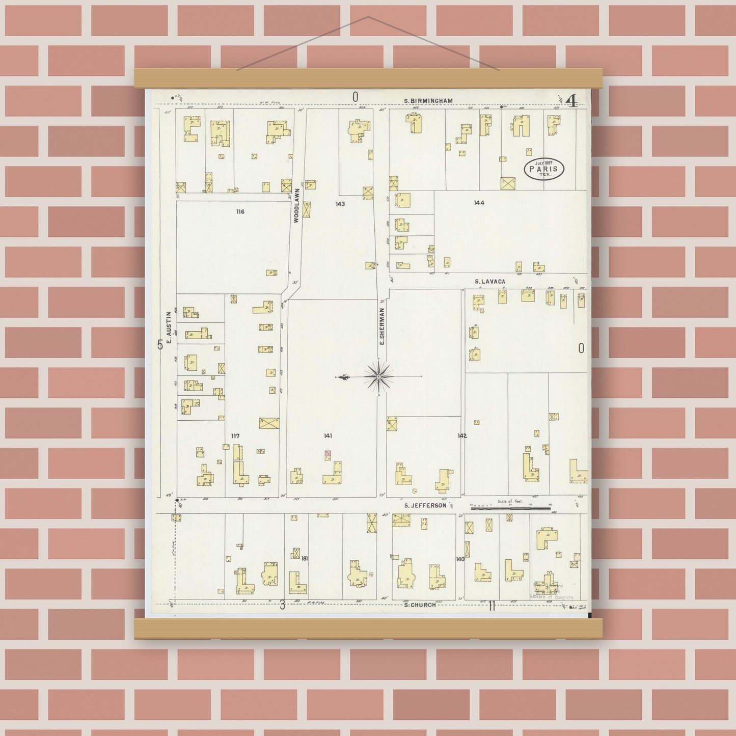 Old map wall art mockup — magnetic wood frame on brick wall — Sanborn Fire Insurance Map from Paris, Lamar County, Texas (1897), Sheet #0004