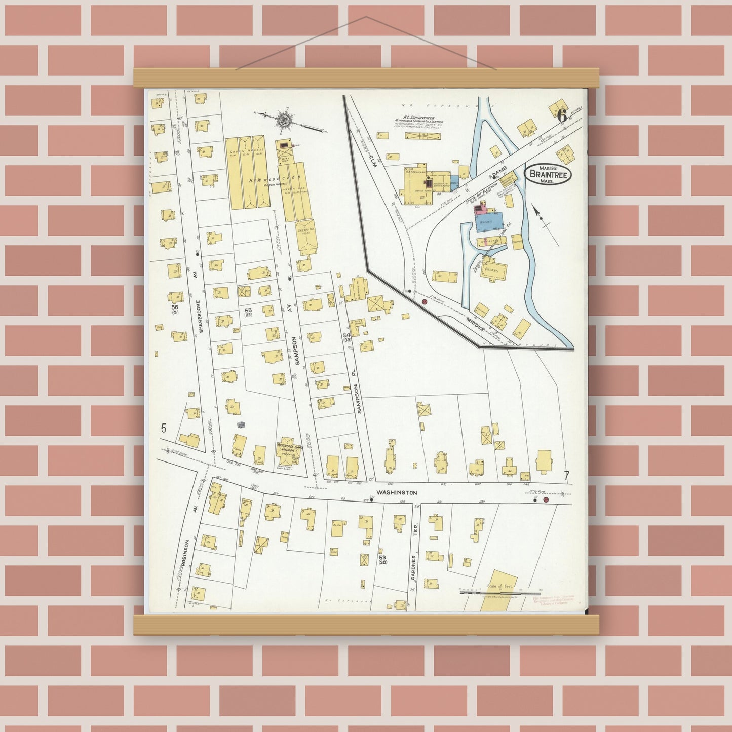 Old map wall art mockup — magnetic wood frame on brick wall — Sanborn Fire Insurance Map from Braintree, Norfolk County, Massachusetts (1919), Sheet #0006