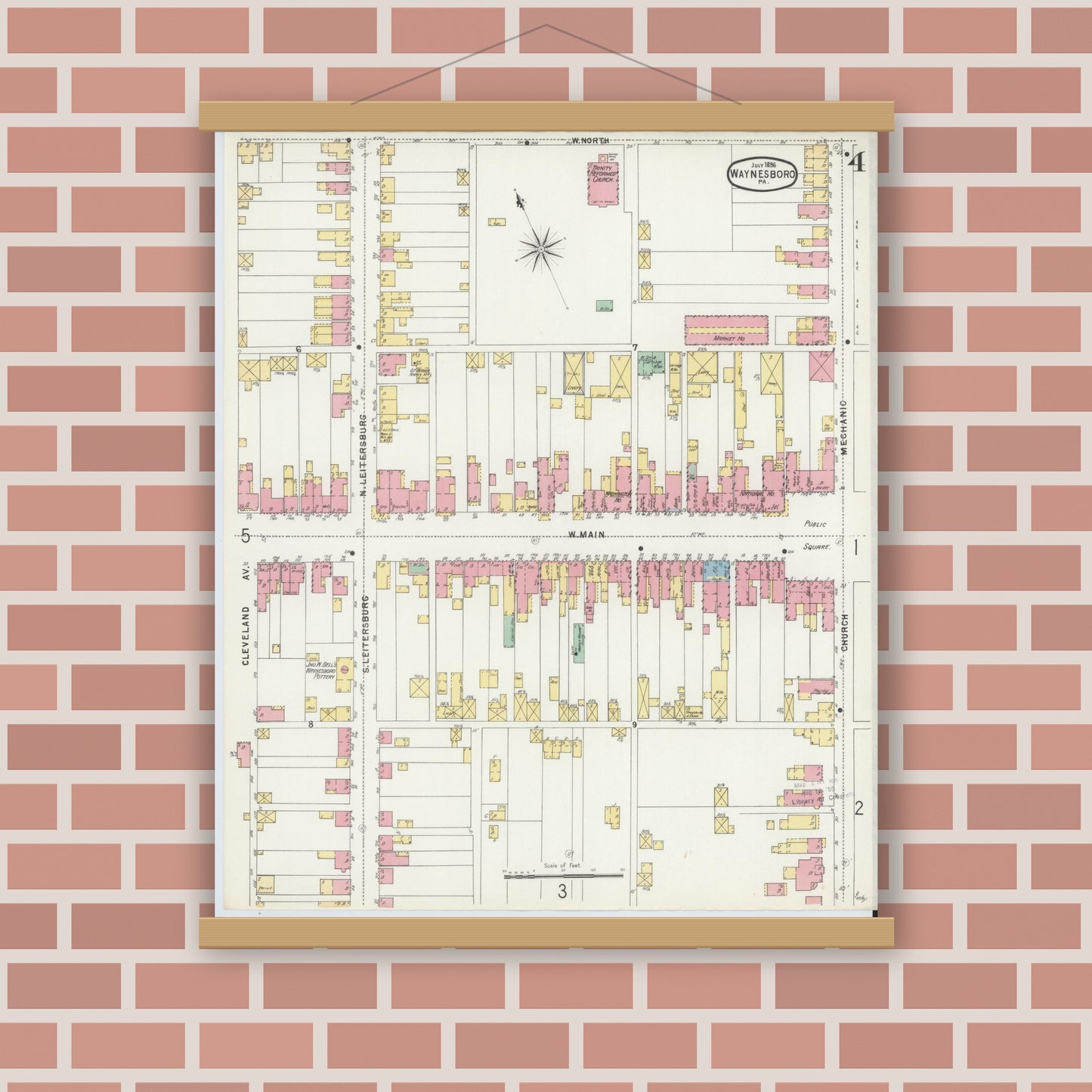 Old map wall art mockup — magnetic wood frame on brick wall — Sanborn Fire Insurance Map from Waynesboro, Franklin County, Pennsylvania (1896), Sheet #0004