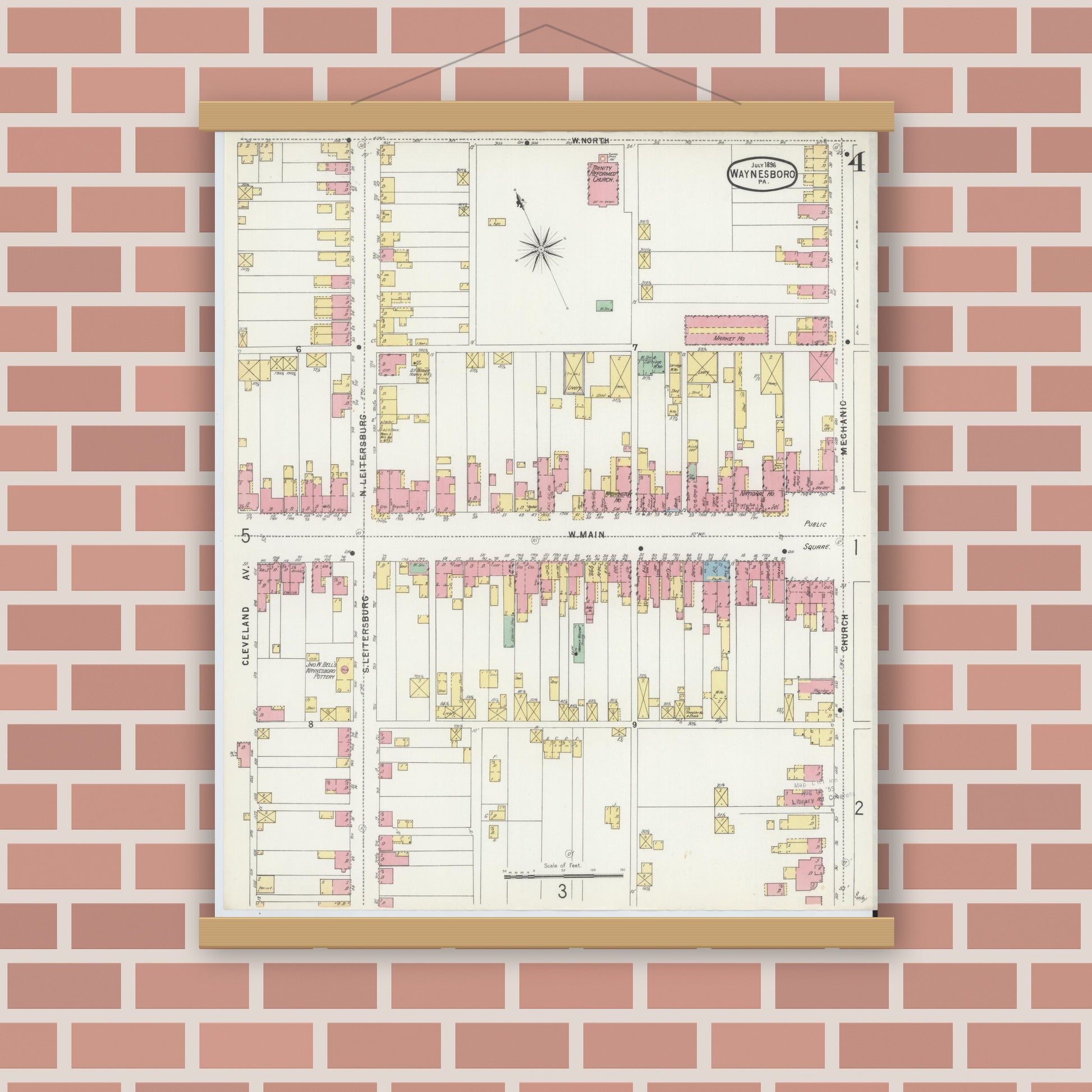 Old map wall art mockup — magnetic wood frame on brick wall — Sanborn Fire Insurance Map from Waynesboro, Franklin County, Pennsylvania (1896), Sheet #0004