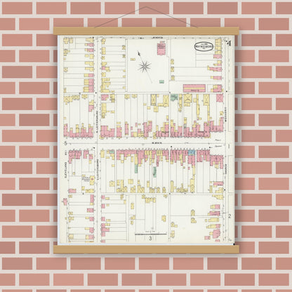 Old map wall art mockup — magnetic wood frame on brick wall — Sanborn Fire Insurance Map from Waynesboro, Franklin County, Pennsylvania (1896), Sheet #0004