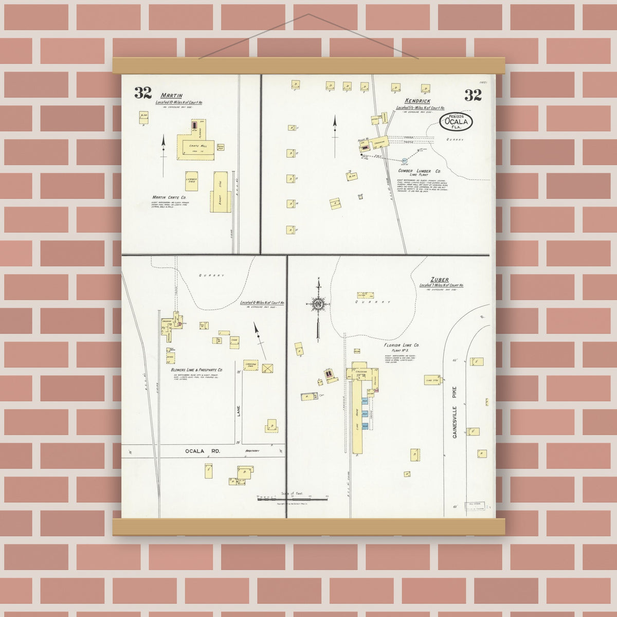 Old map wall art mockup — magnetic wood frame on brick wall — Sanborn Fire Insurance Map from Ocala, Marion County, Florida (1924), Sheet #0032