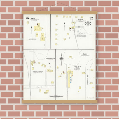 Old map wall art mockup — magnetic wood frame on brick wall — Sanborn Fire Insurance Map from Ocala, Marion County, Florida (1924), Sheet #0032