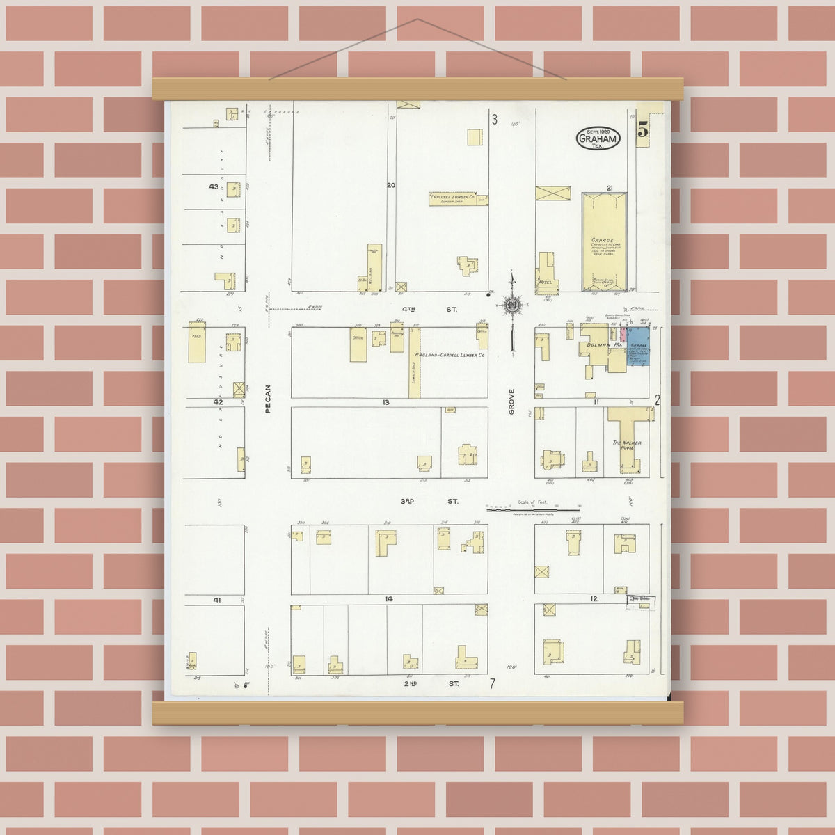 Old map wall art mockup — magnetic wood frame on brick wall — Sanborn Fire Insurance Map from Graham, Young County, Texas (1920), Sheet #0005