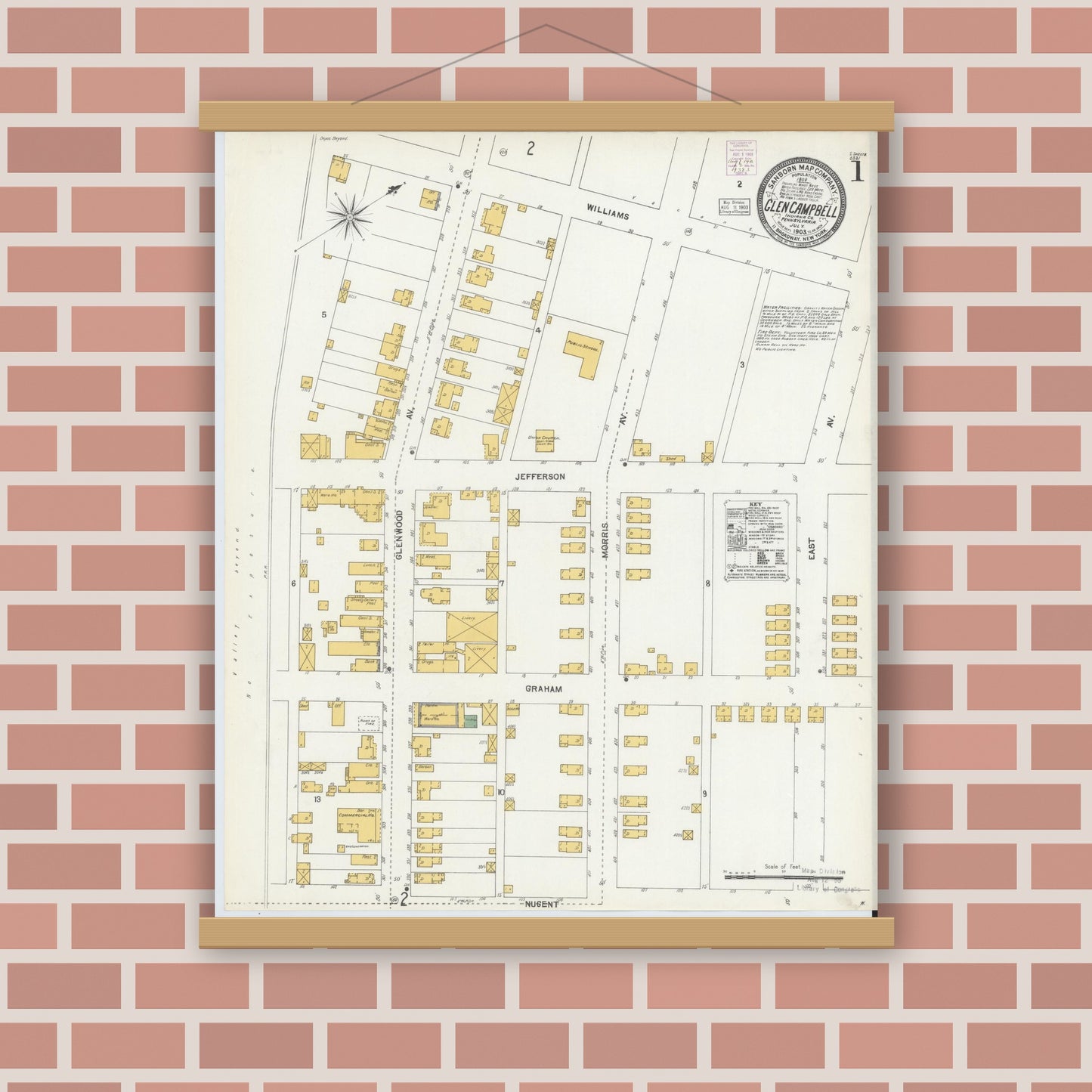Old map wall art mockup — magnetic wood frame on brick wall — Sanborn Fire Insurance Map from Glen Campbell, Indiana County, Pennsylvania (1903), Sheet #0001