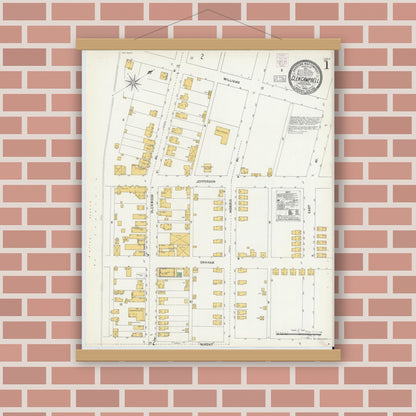 Old map wall art mockup — magnetic wood frame on brick wall — Sanborn Fire Insurance Map from Glen Campbell, Indiana County, Pennsylvania (1903), Sheet #0001