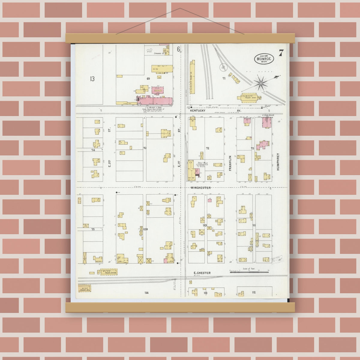 Old map wall art mockup — magnetic wood frame on brick wall — Sanborn Fire Insurance Map from Monroe, Monroe County, Michigan (1899), Sheet #0007