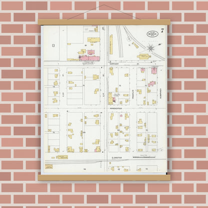 Old map wall art mockup — magnetic wood frame on brick wall — Sanborn Fire Insurance Map from Monroe, Monroe County, Michigan (1899), Sheet #0007