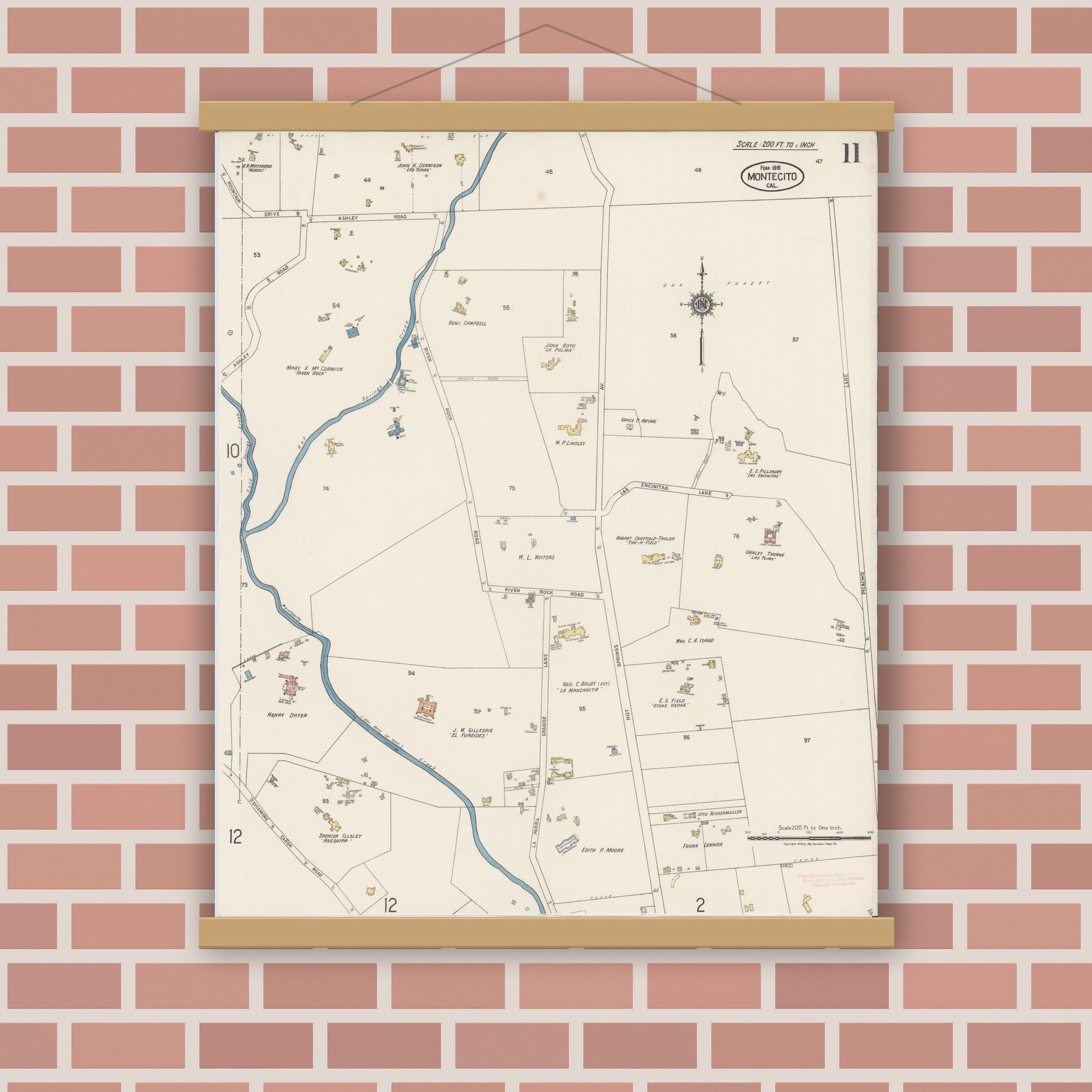 Old map wall art mockup — magnetic wood frame on brick wall — Sanborn Fire Insurance Map from Montecito, Santa Barbara County, California (1918), Sheet #0011