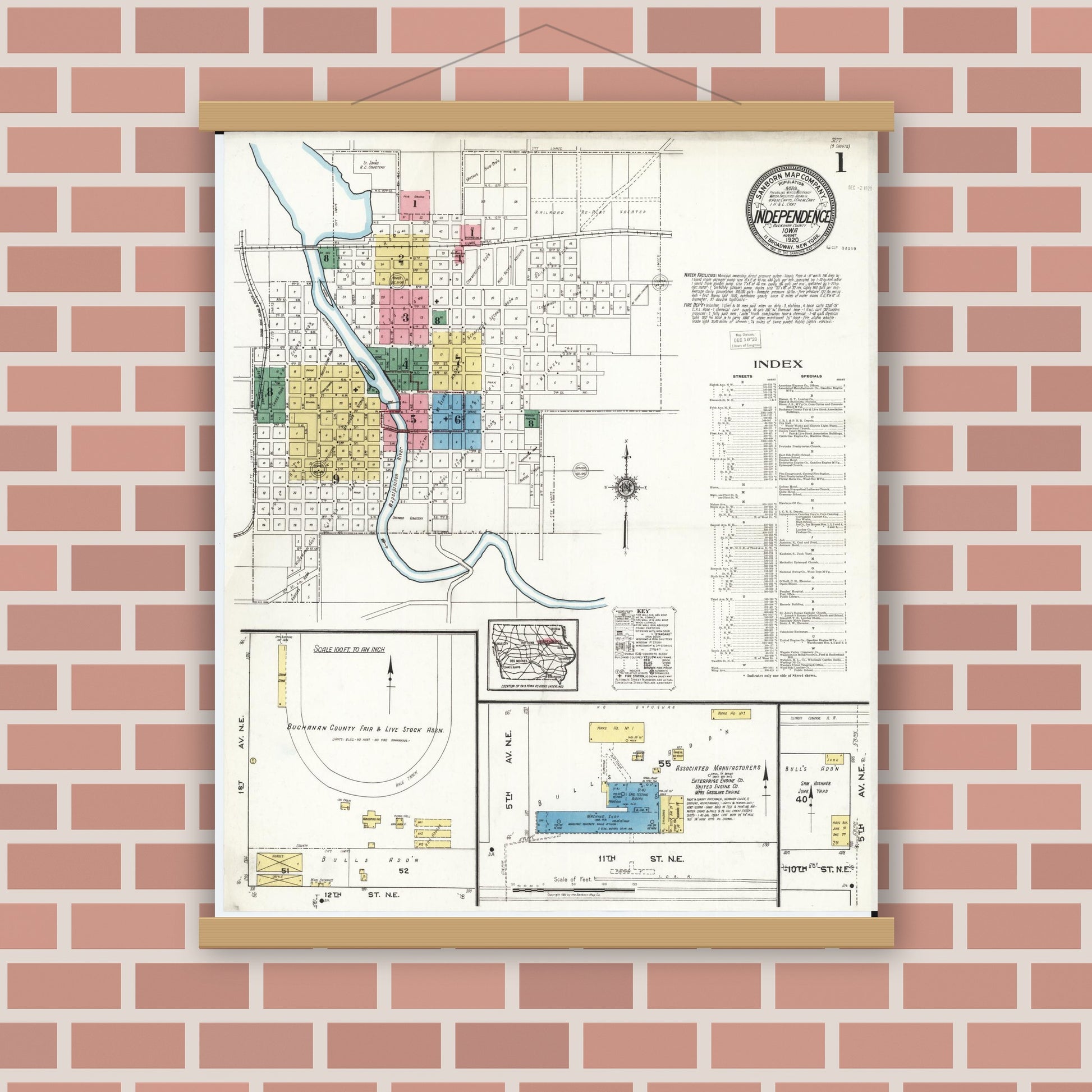 Old map wall art mockup — magnetic wood frame on brick wall — Sanborn Fire Insurance Map from Independence, Buchanan County, Iowa (1920) â€” Complete Set