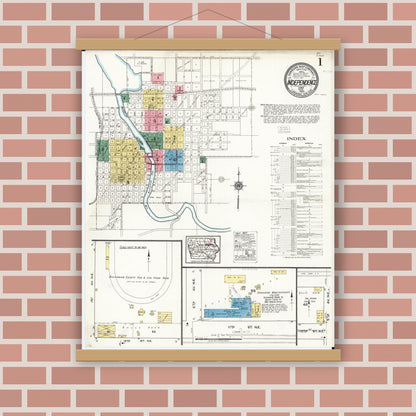 Old map wall art mockup — magnetic wood frame on brick wall — Sanborn Fire Insurance Map from Independence, Buchanan County, Iowa (1920) â€” Complete Set