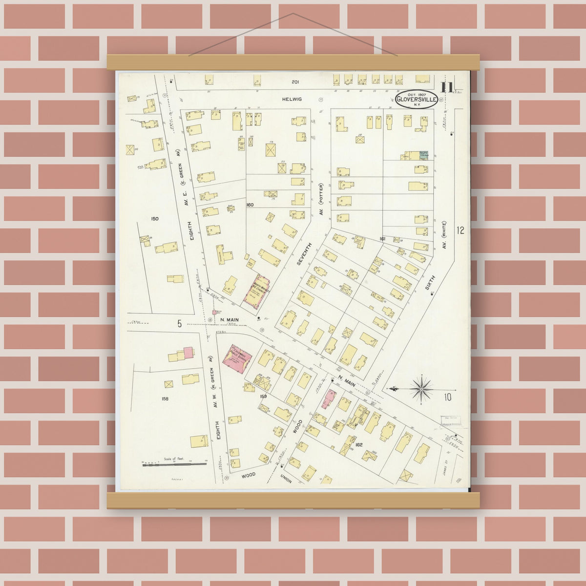 Old map wall art mockup — magnetic wood frame on brick wall — Sanborn Fire Insurance Map from Gloversville, Fulton County, New York (1907), Sheet #0011