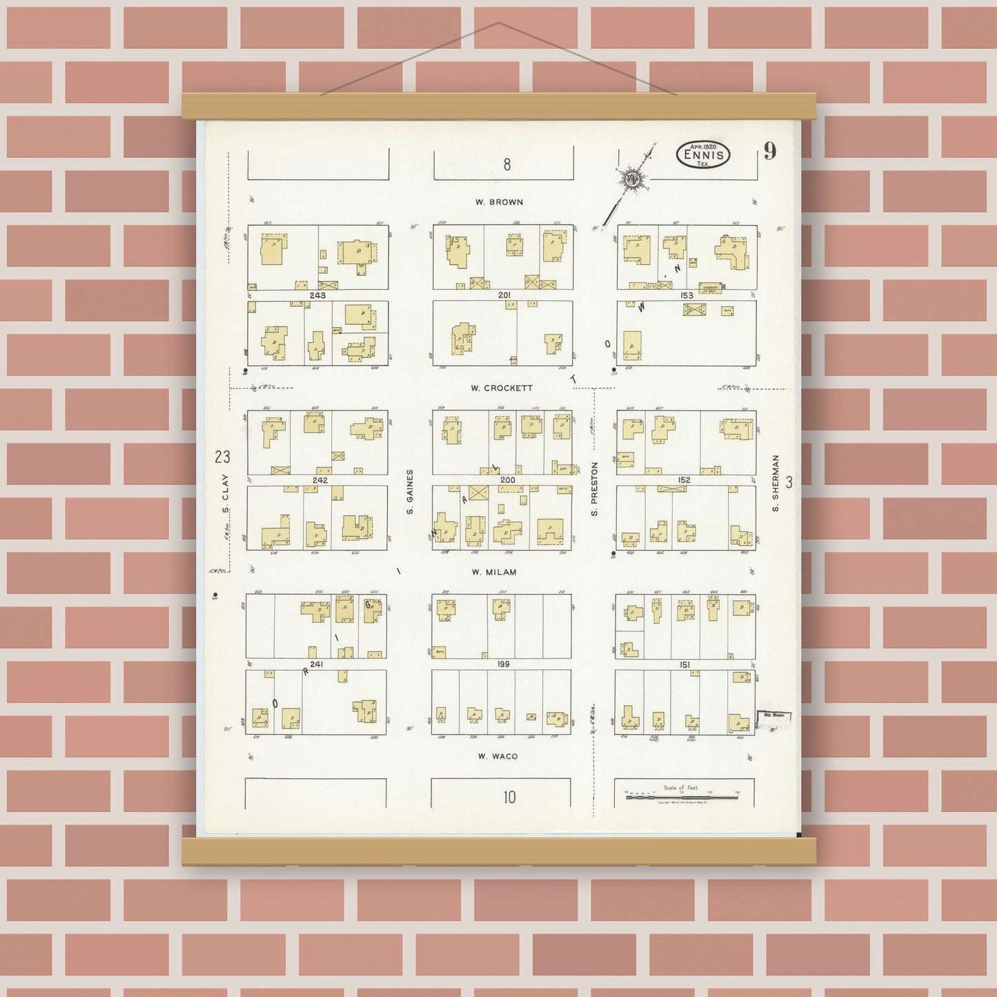 Old map wall art mockup — magnetic wood frame on brick wall — Sanborn Fire Insurance Map from Ennis, Ellis County, Texas (1920), Sheet #0009