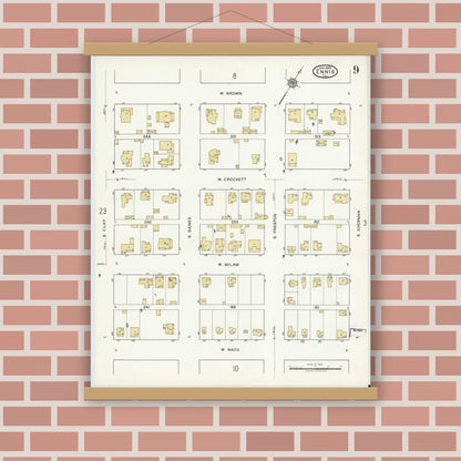 Old map wall art mockup — magnetic wood frame on brick wall — Sanborn Fire Insurance Map from Ennis, Ellis County, Texas (1920), Sheet #0009