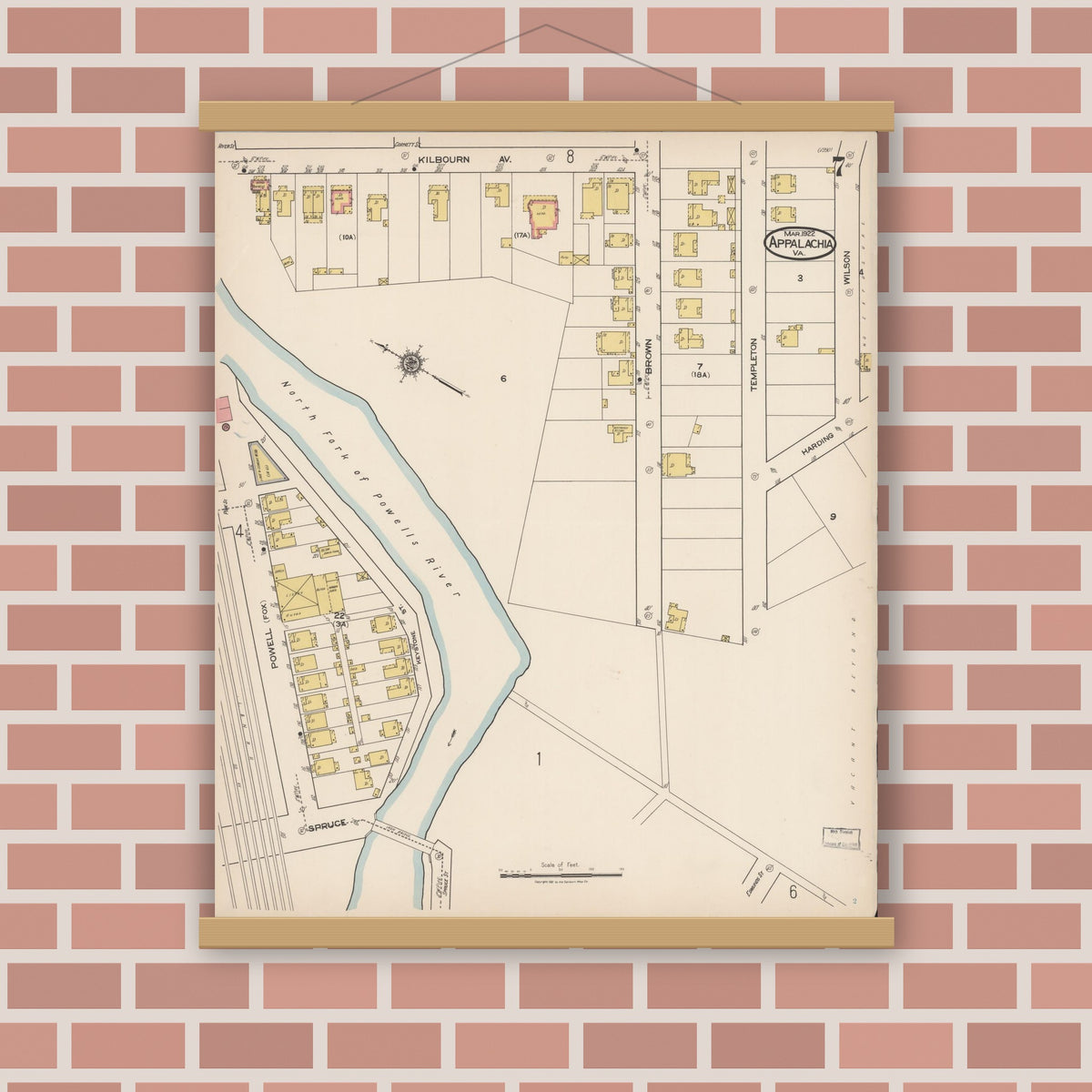 Old map wall art mockup — magnetic wood frame on brick wall — Sanborn Fire Insurance Map from Appalachia, Wise County, Virginia (1922), Sheet #0007