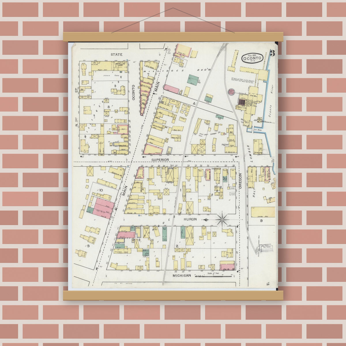 Old map wall art mockup — magnetic wood frame on brick wall — Sanborn Fire Insurance Map from Oconto, Oconto County, Wisconsin (1893), Sheet #0003