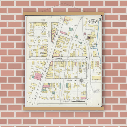 Old map wall art mockup — magnetic wood frame on brick wall — Sanborn Fire Insurance Map from Oconto, Oconto County, Wisconsin (1893), Sheet #0003