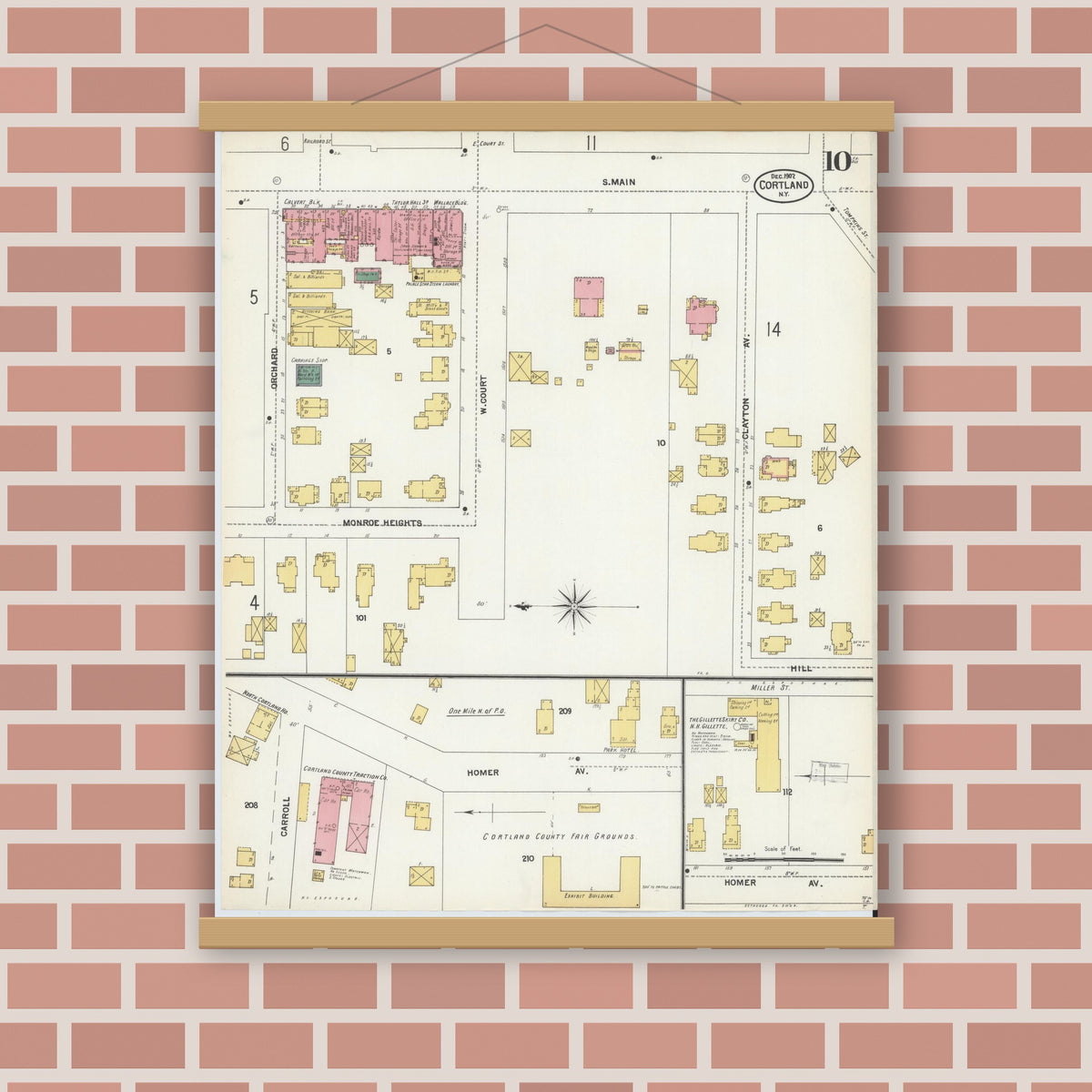 Old map wall art mockup — magnetic wood frame on brick wall — Sanborn Fire Insurance Map from Cortland, Cortland County, New York (1902), Sheet #0010