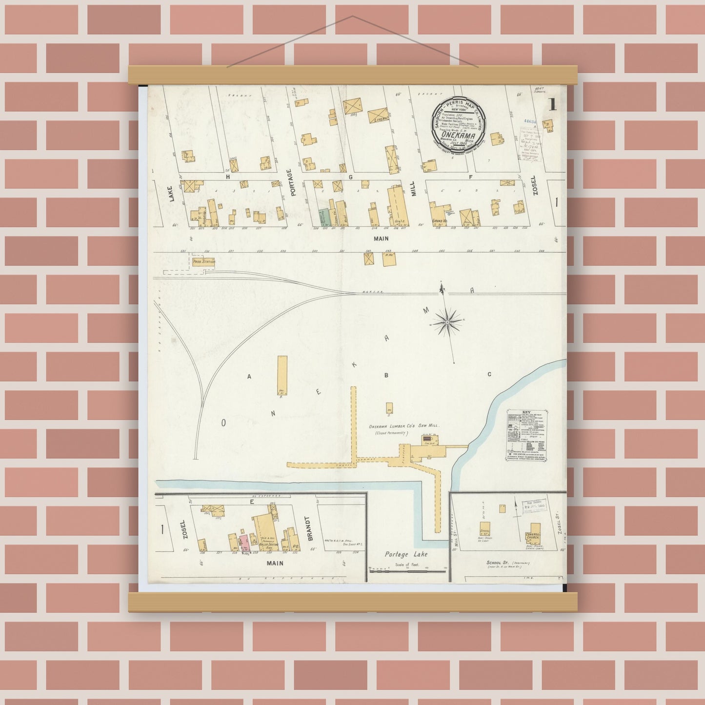 Old map wall art mockup — magnetic wood frame on brick wall — Sanborn Fire Insurance Map from Onekama, Manistee County, Michigan (1900) - Complete Map Set