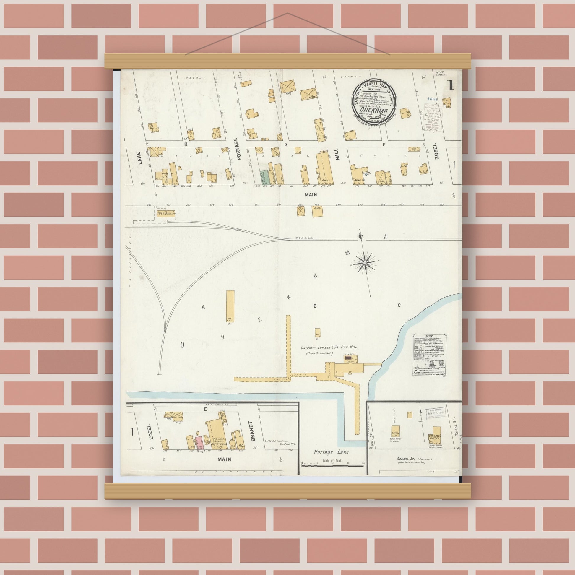 Old map wall art mockup — magnetic wood frame on brick wall — Sanborn Fire Insurance Map from Onekama, Manistee County, Michigan (1900) - Complete Map Set
